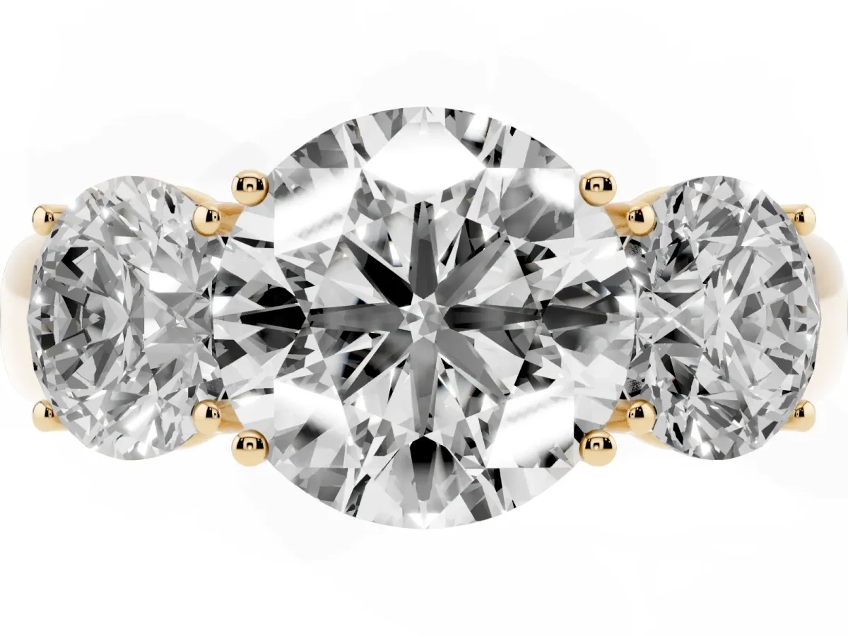 Three-Stone Round Cut Cut Diamond Ring with Prong Setting and Classic Band Yellow gold