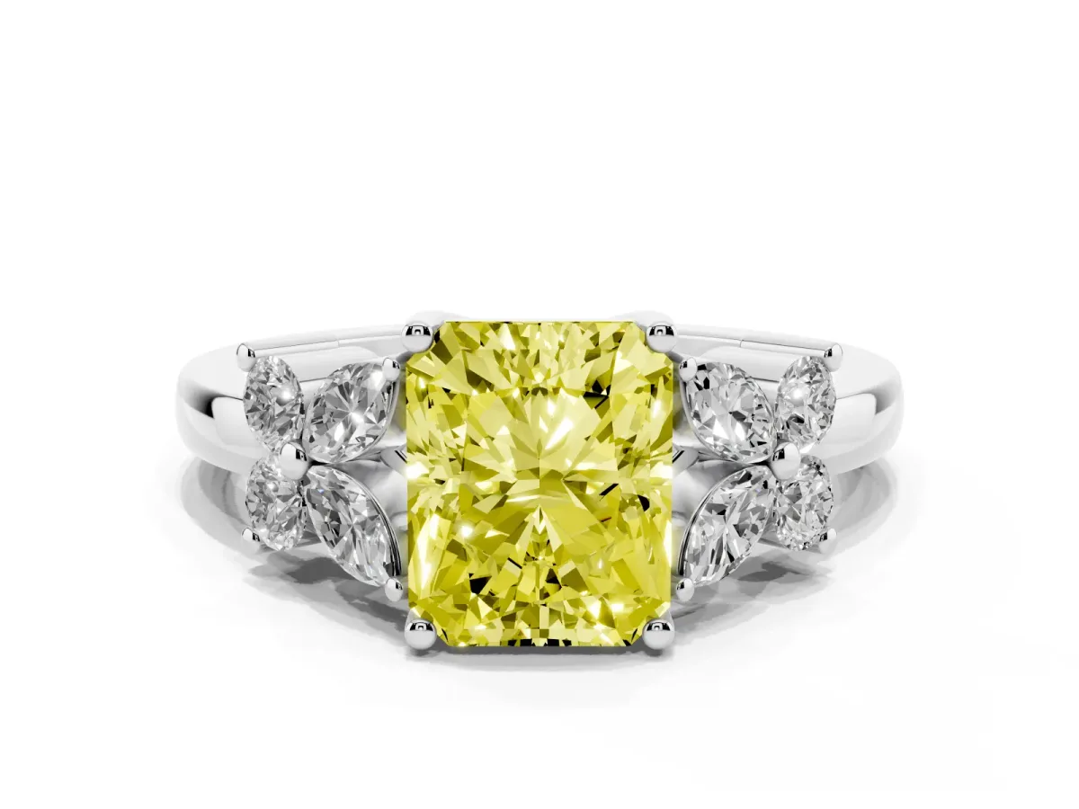 Fancy Yellow Radiant Cut Diamond Floral Cluster Ring with Solitaire Band and Prong Setting Silver
