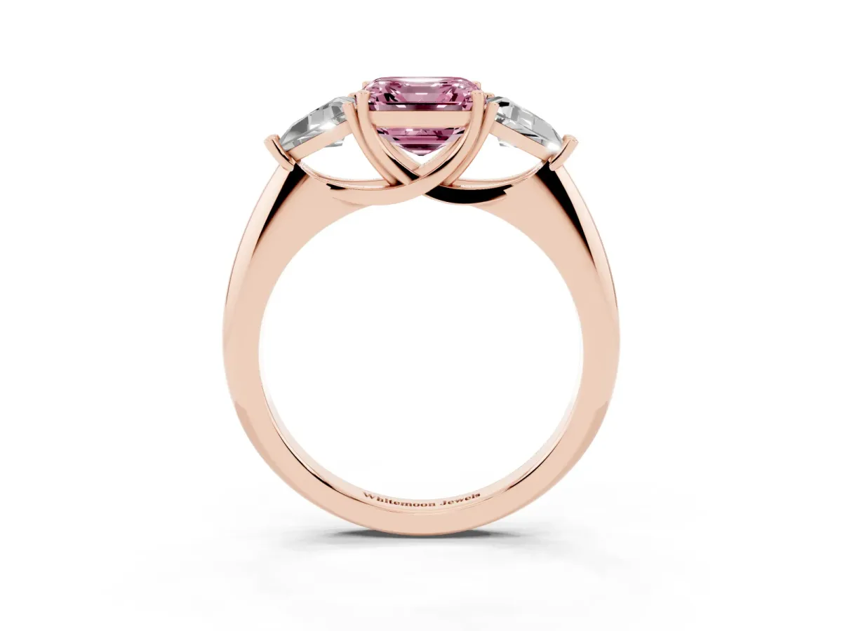 Fancy Pink Three-Stone Asscher Cut Diamond Engagement Ring with Trillion Side Stones and Prong Setting Rose gold