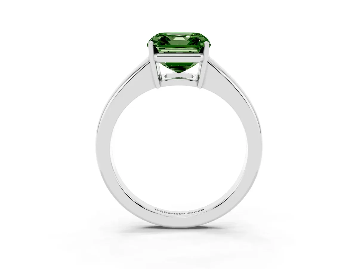 Fancy Green Asscher Cut Solitaire Diamond Ring with Tapered Band and Four-Prong Setting Platinum