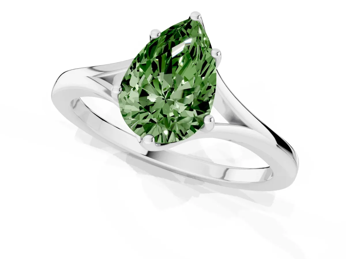 Fancy Green Pear Cut Solitaire Diamond Ring with Six-Prong Setting and Tapered Band Silver