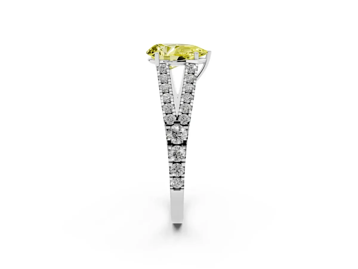 Fancy Yellow Pear Cut Diamond Split Shank Engagement Ring with Round Pavé and Prong Setting Platinum