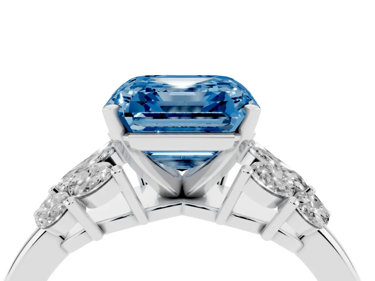 Fancy Blue Asscher Cut Diamond Cluster Leaf Design Ring with Prong Setting Silver