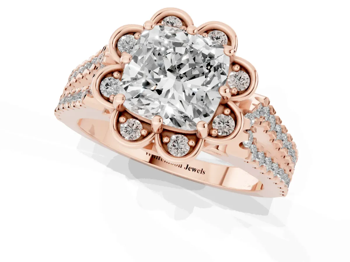 Cushion Cut Halo Diamond Floral Split Shank Engagement Ring Rose gold