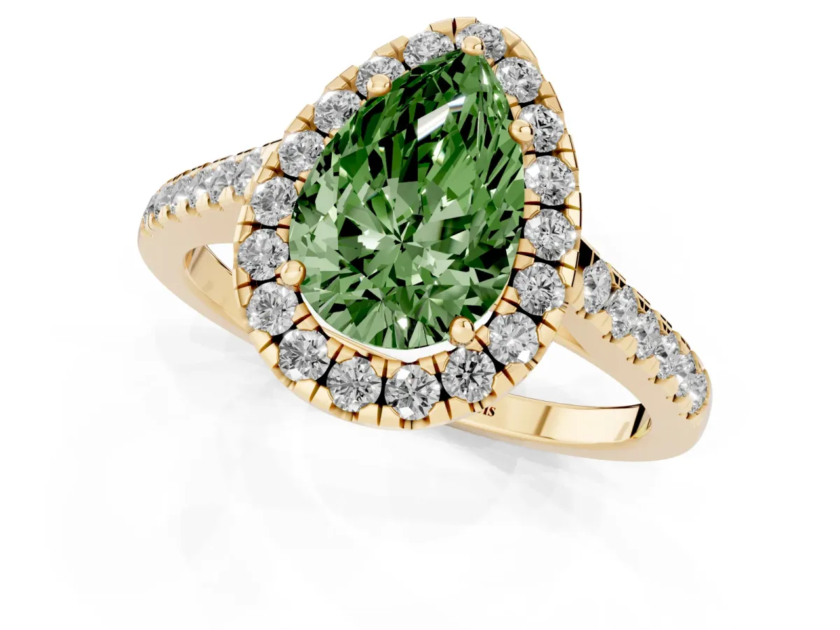 Fancy Green Pear Cut Halo Pave Diamond Engagement Ring with Four-Prong Setting Yellow gold