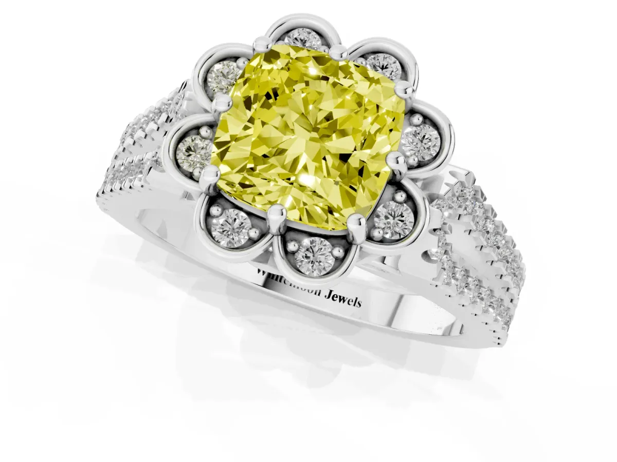 Fancy Yellow Cushion Cut Halo Diamond Floral Split Shank Engagement Ring Silver