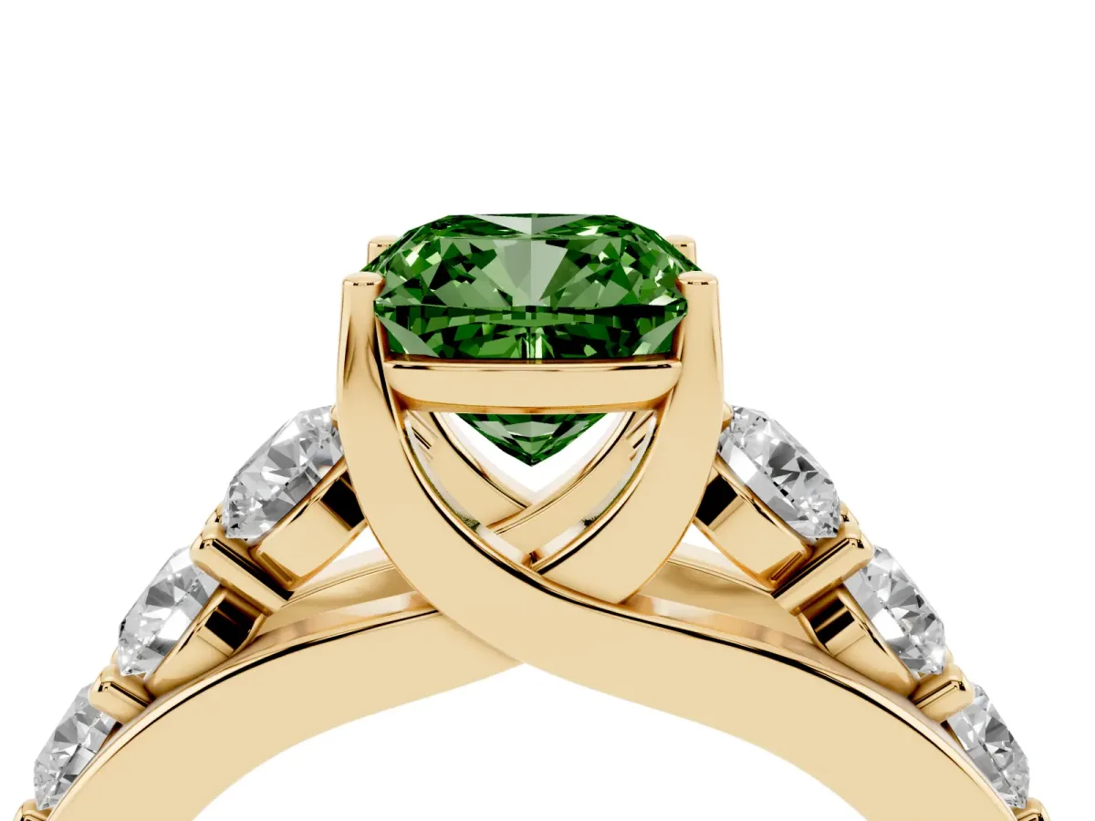 Fancy Green Cushion Cut Diamond Engagement Ring with Pavé Band and Four-Prong Setting Yellow gold