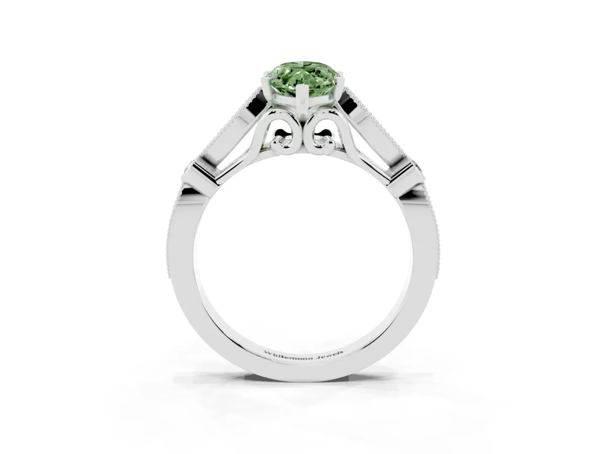 Fancy Green Marquise Cut Cut Diamond with Milgrain Marquise and Bezel Accents on a Solitaire Band with Prong Setting White gold