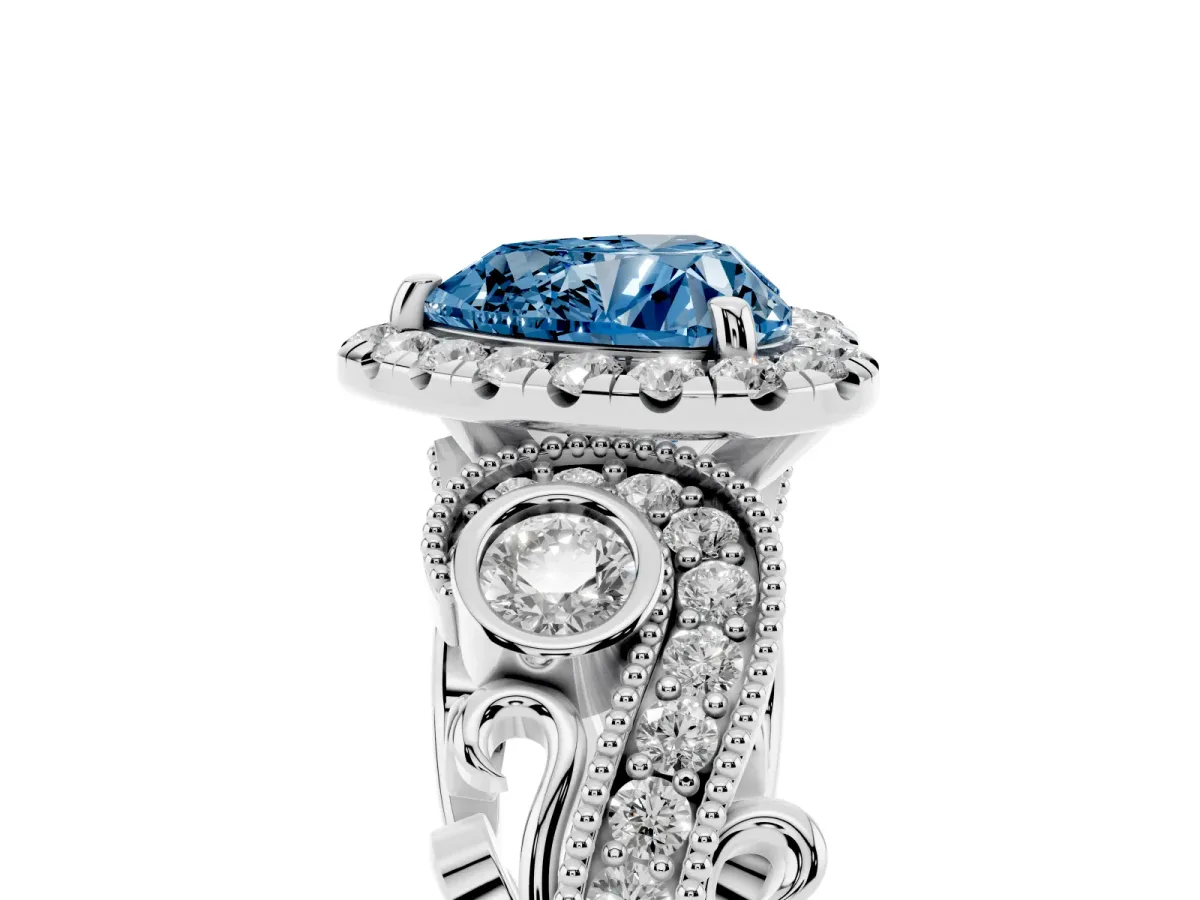 Fancy Blue Heart Cut Diamond Halo Ring with Milgrain Pavé Band and Four-Prong Setting White gold