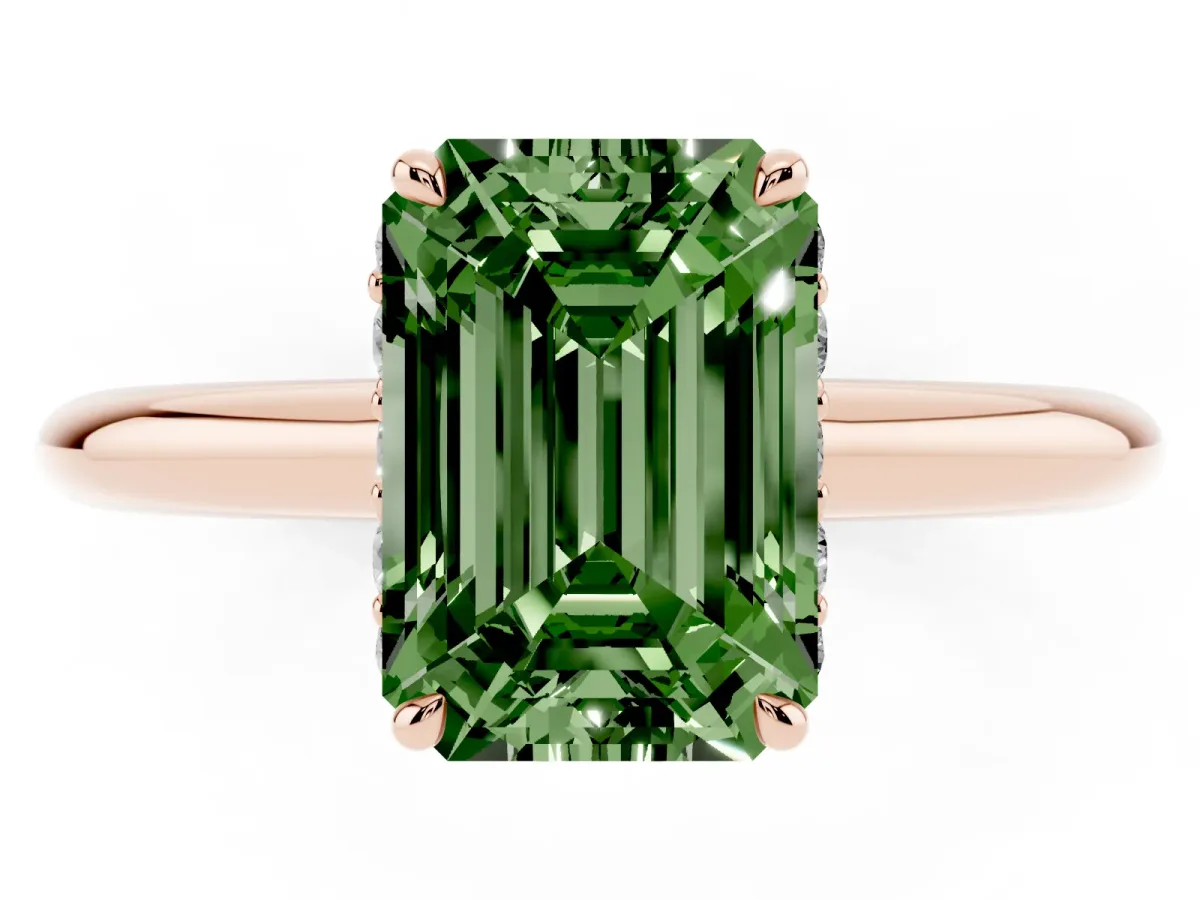 Fancy Green Emerald Cut Brilliant Solitaire Engagement Ring with Six-Prong Setting and Classic Band Rose gold