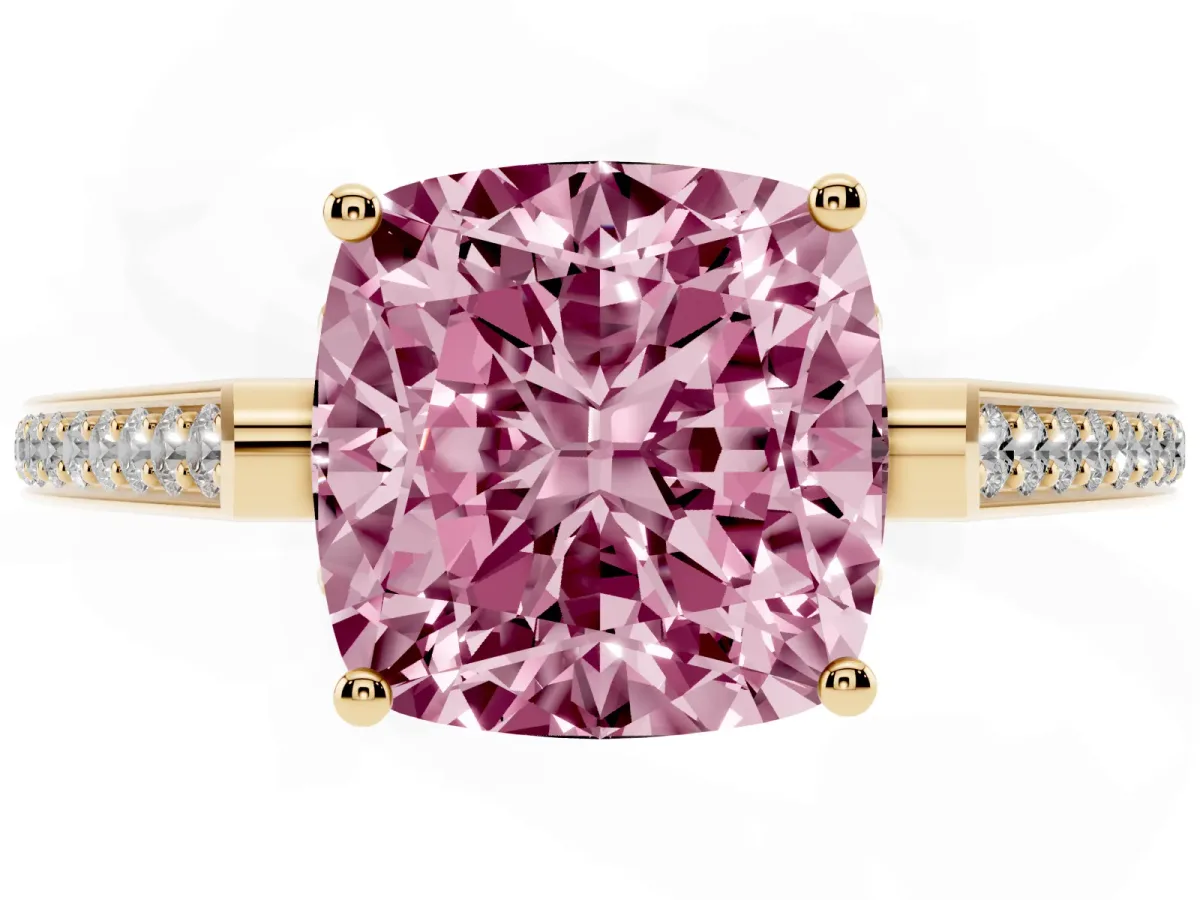Fancy Pink Cushion Cut Cut Cathedral Pave Diamond Engagement Ring with Six-Prong Setting Yellow gold