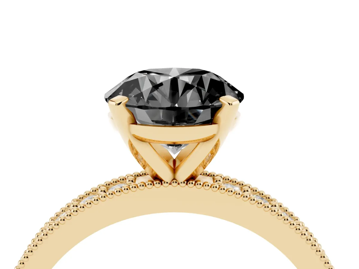 Fancy Black Round Cut Diamond Milgrain Pavé Engagement Ring with Four-Prong Setting Yellow gold
