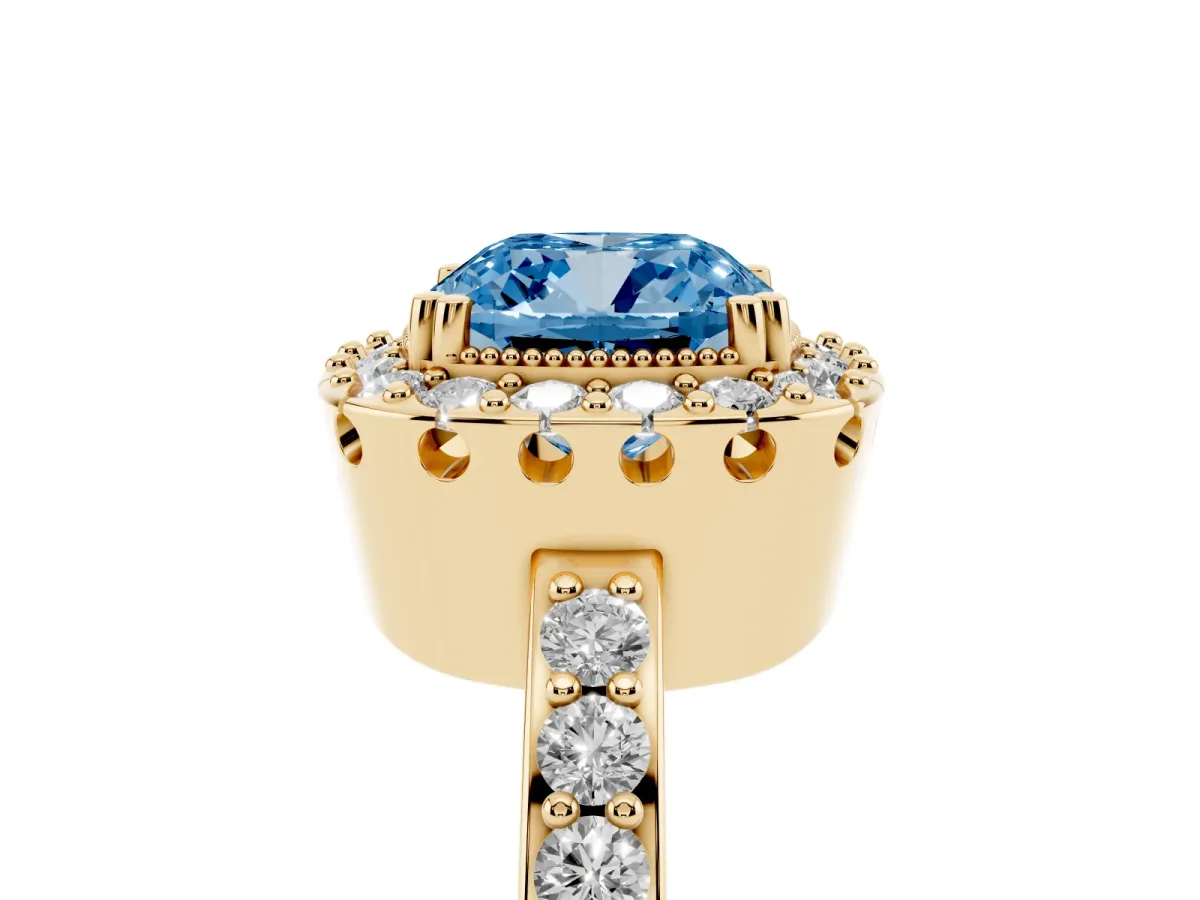 Fancy Blue Cushion Cut Diamond Halo Ring with Pavé Band and Prong Setting Yellow gold