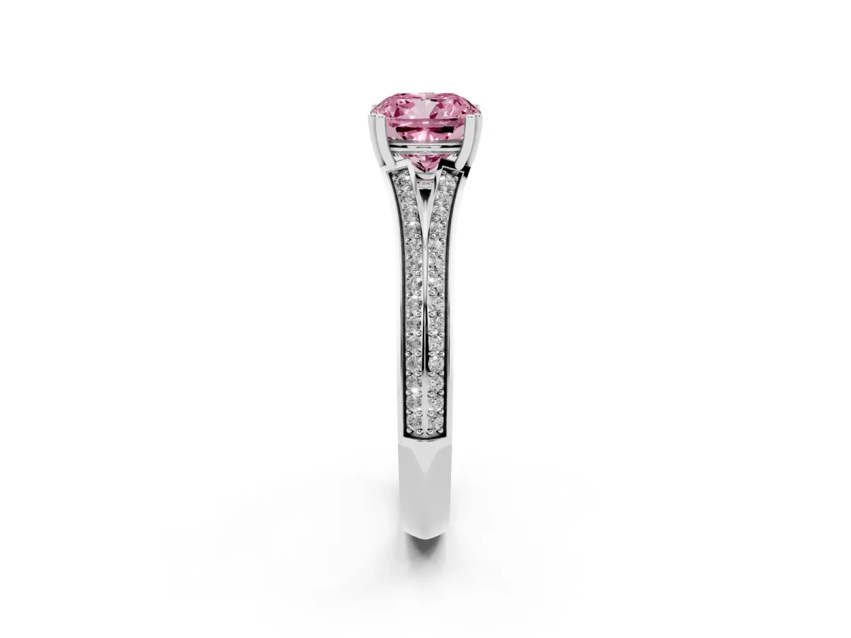 Fancy Pink Cushion Cut Diamond Split Shank Engagement Ring with Pavé Band Silver