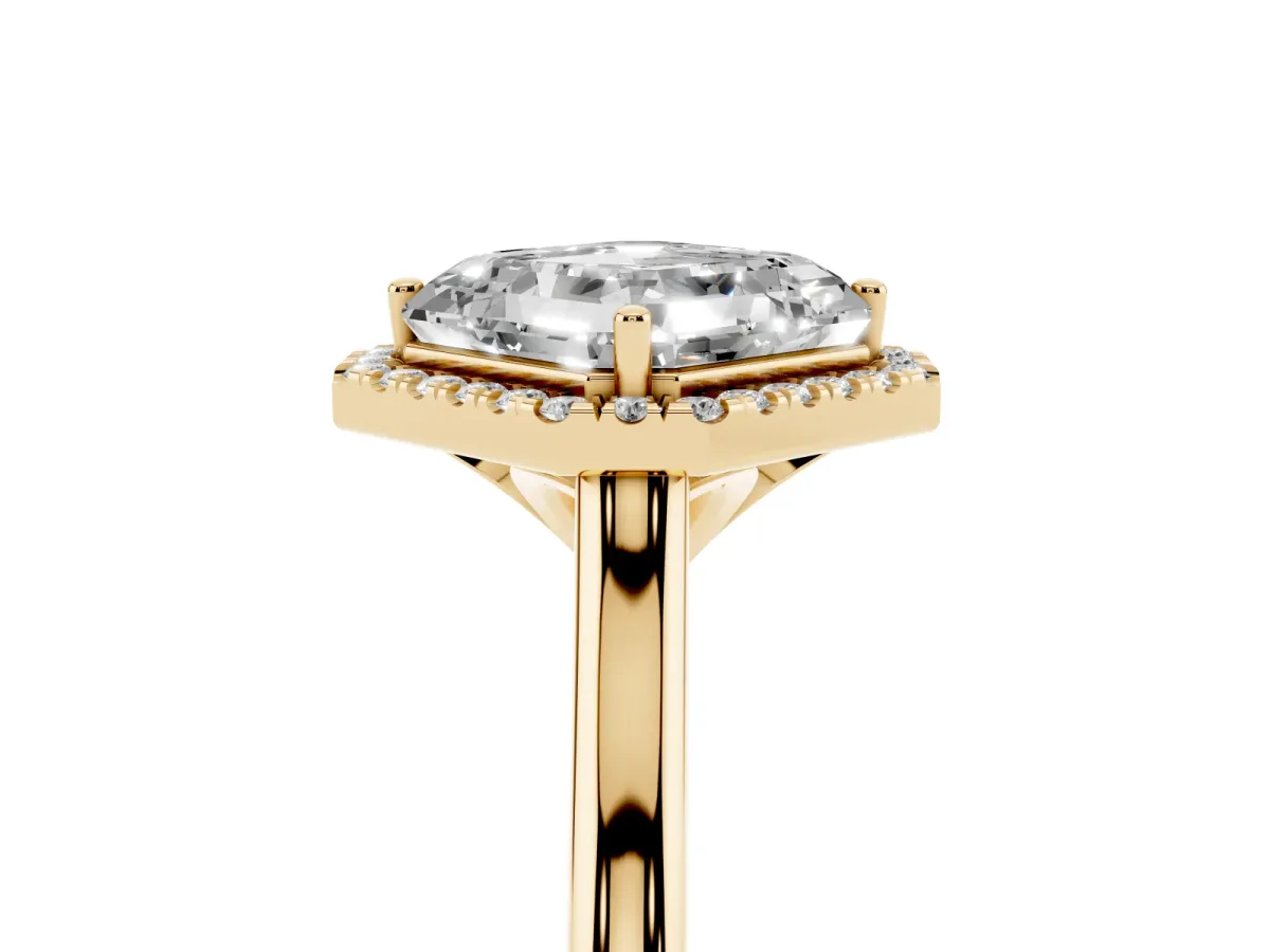 Asscher Cut Halo Round Diamond Solitaire Engagement Ring with Pave Band and Four-Prong Setting Yellow gold
