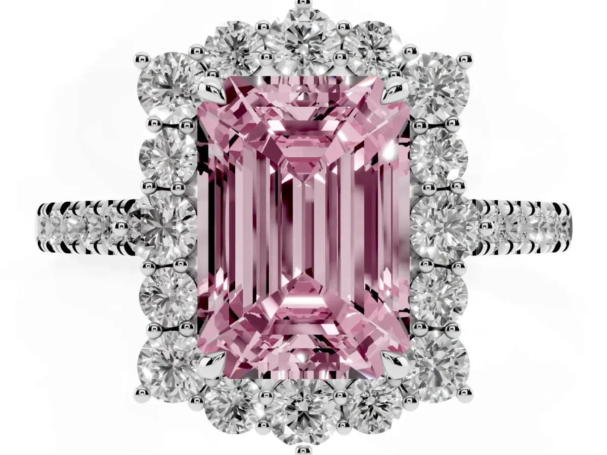 Fancy Pink Emerald Cut Halo Diamond Ring with Pavé Band and Prong Setting Silver