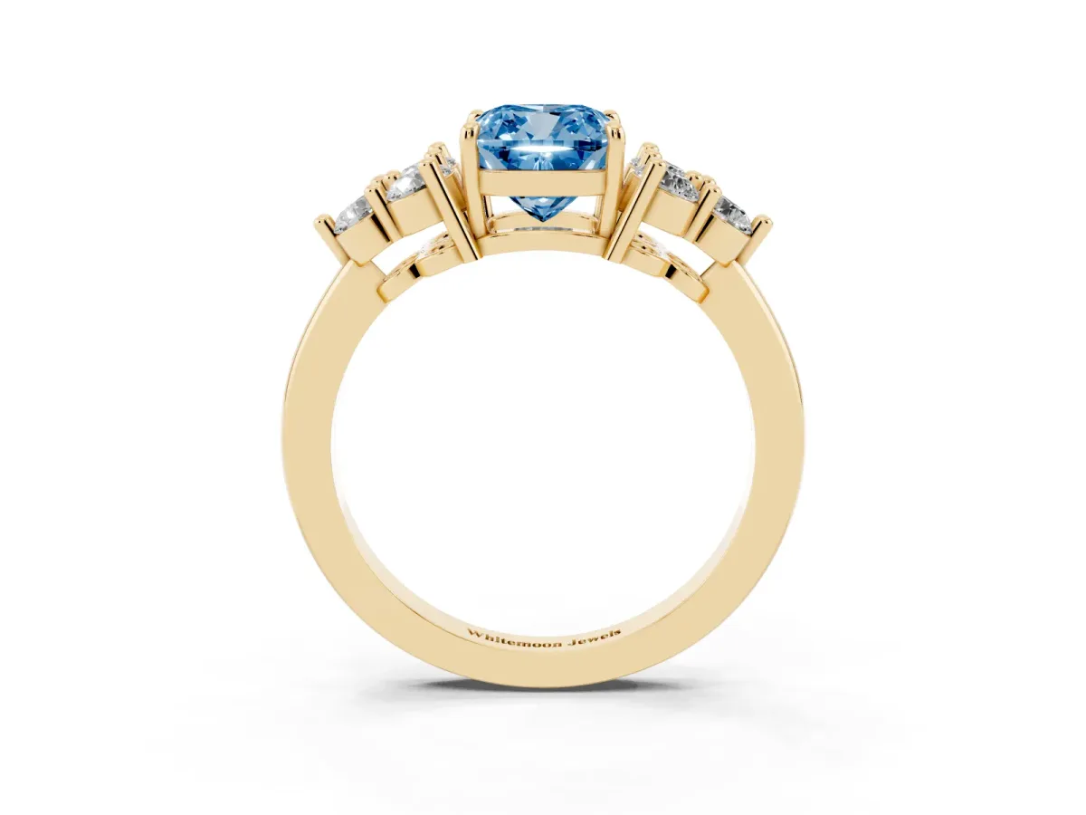 Fancy Blue Cushion Cut Brilliant Diamond Cluster Accent Solitaire Ring with Prong Setting Yellow gold