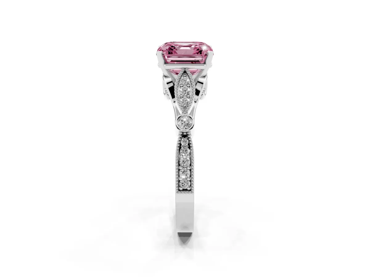 Fancy Pink Asscher Cut Cut Diamond with Milgrain Marquise and Bezel Accents on a Solitaire Band with Prong Setting Platinum