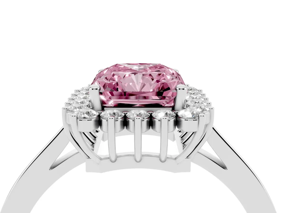 Fancy Pink Radiant Cut Cut Diamond Halo Ring with Round Brilliant Halo and Solitaire Band Platinum