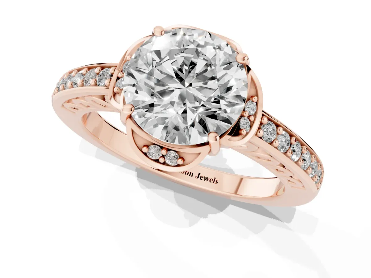 Round Cut Cut Halo Diamond Ring with Channel Set Band and Four-Prong Setting Rose gold