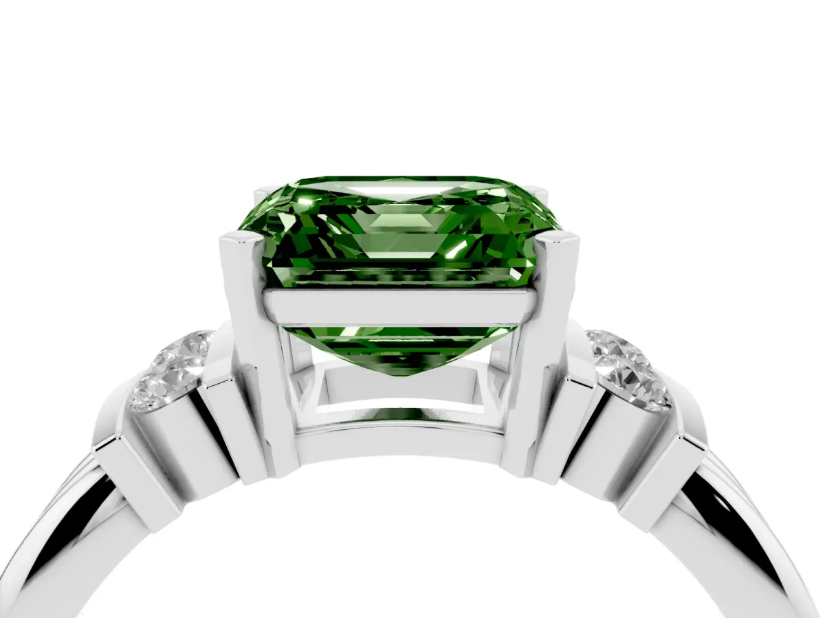 Fancy Green Asscher Cut Cut Three-Stone Channel Set Ring with Bar Prongs Silver