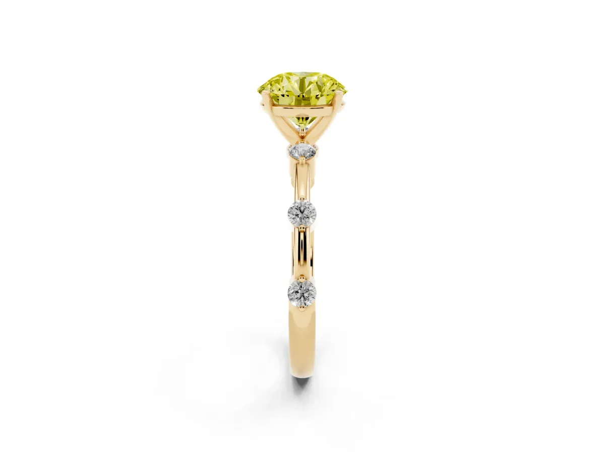 Fancy Yellow Round Cut Solitaire Diamond Ring with Bezel Set Side Stones and Prong Setting Yellow gold