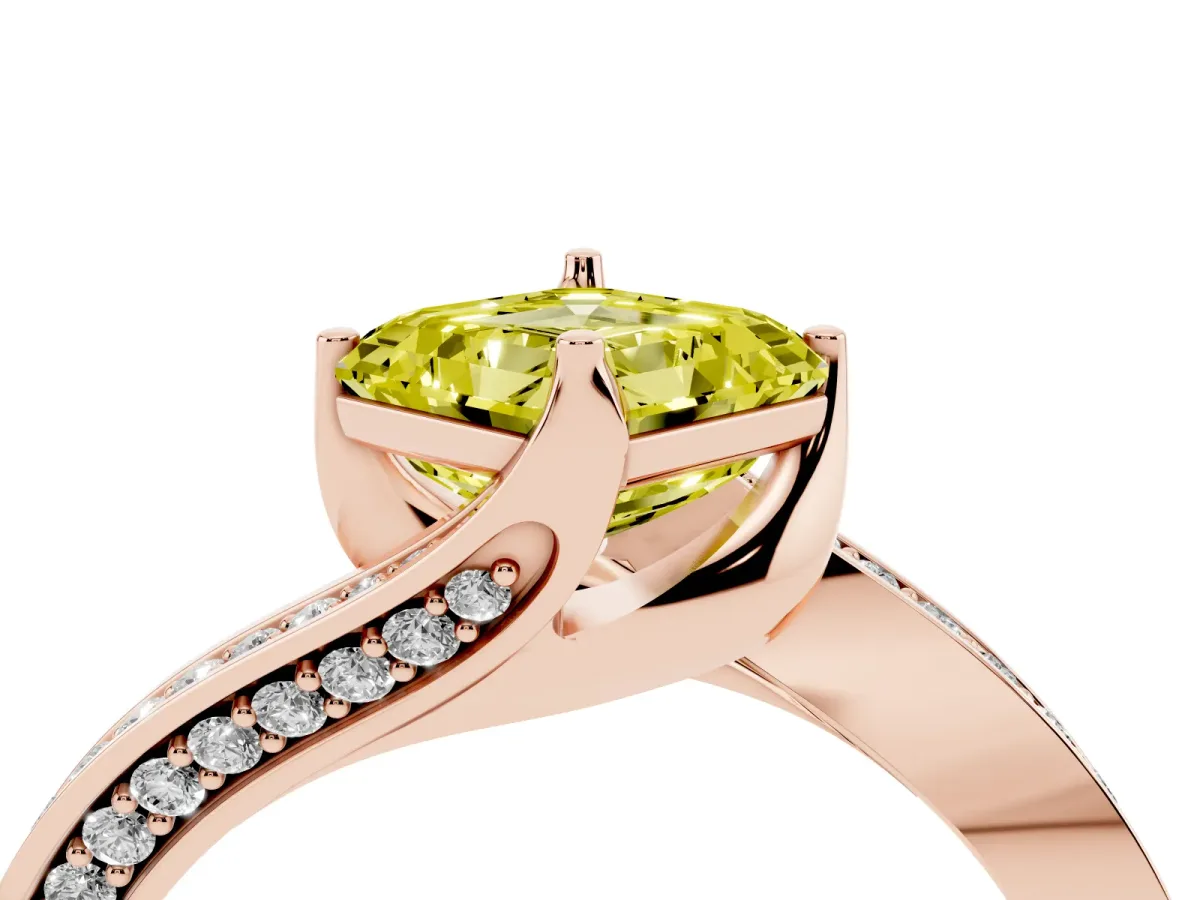 Fancy Yellow Asscher Cut Solitaire Diamond Twist Band with Pavé Setting and Four-Prong Setting Rose gold