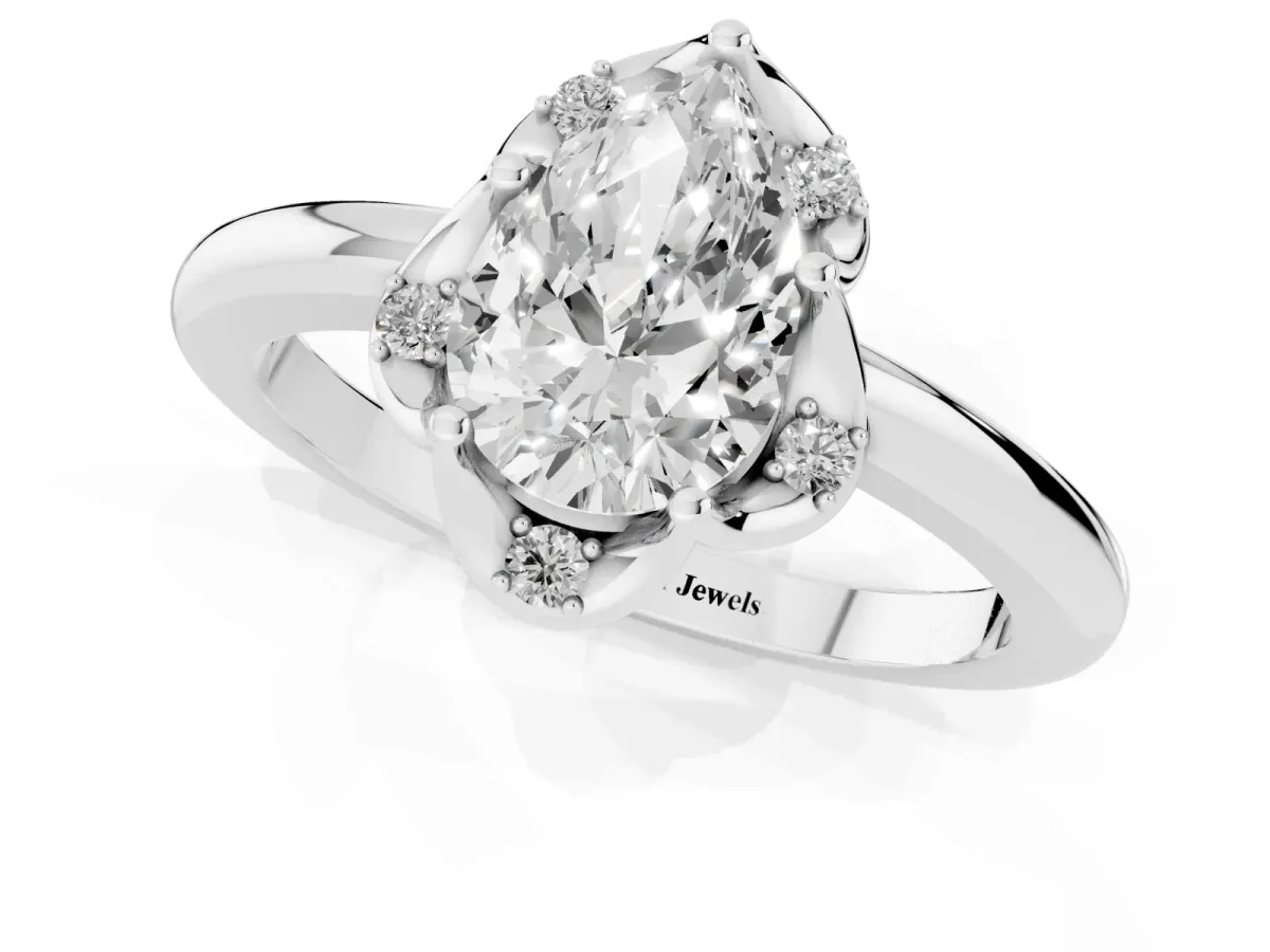 Pear Cut Halo Diamond Ring with Round Cluster Setting, Solitaire Band, and Four-Prong Setting Silver
