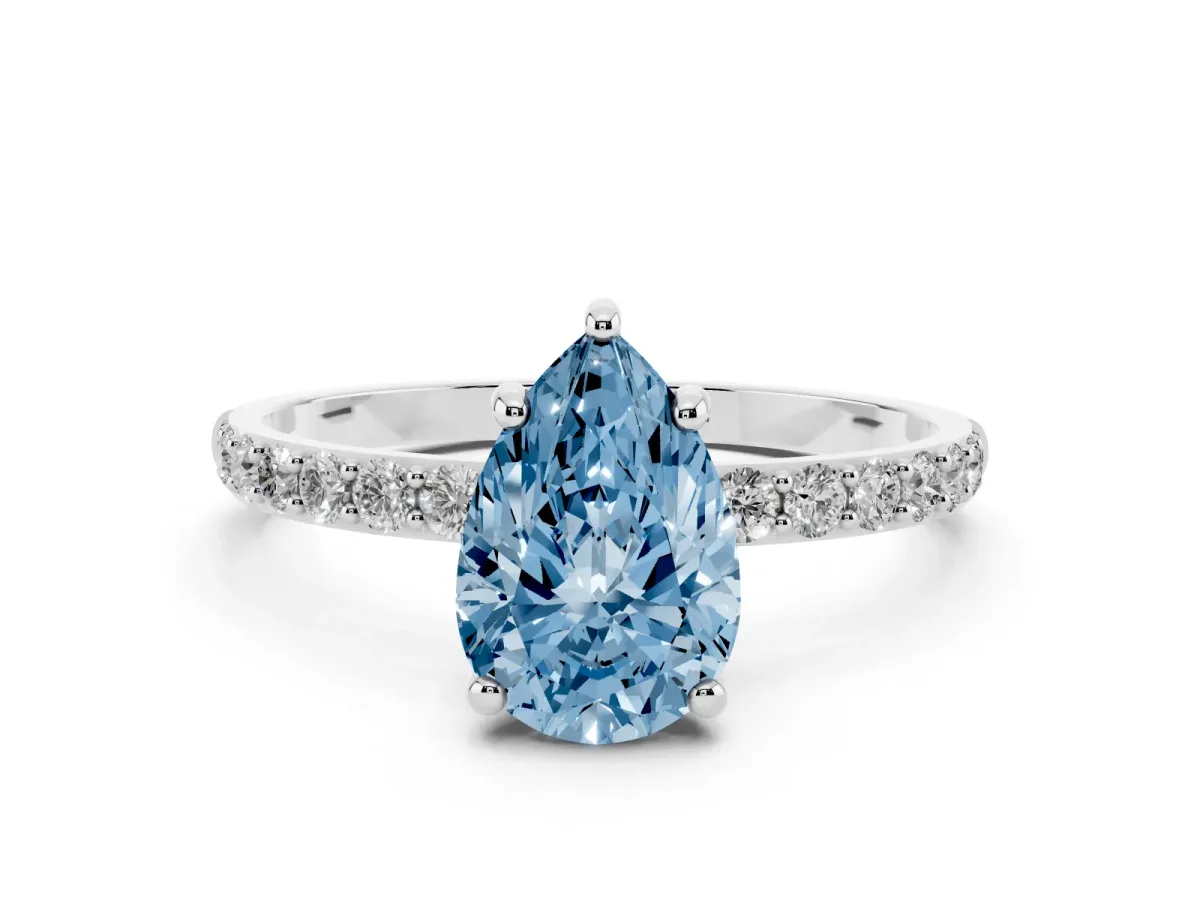 Fancy Blue Pear Cut Diamond Solitaire Ring with Round Pavé Band and Prong Setting Platinum