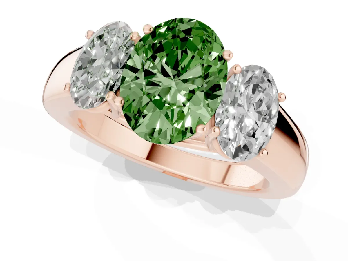 Fancy Green Three-Stone Oval Cut Cut Diamond Ring with Prong Setting and Classic Band Rose gold