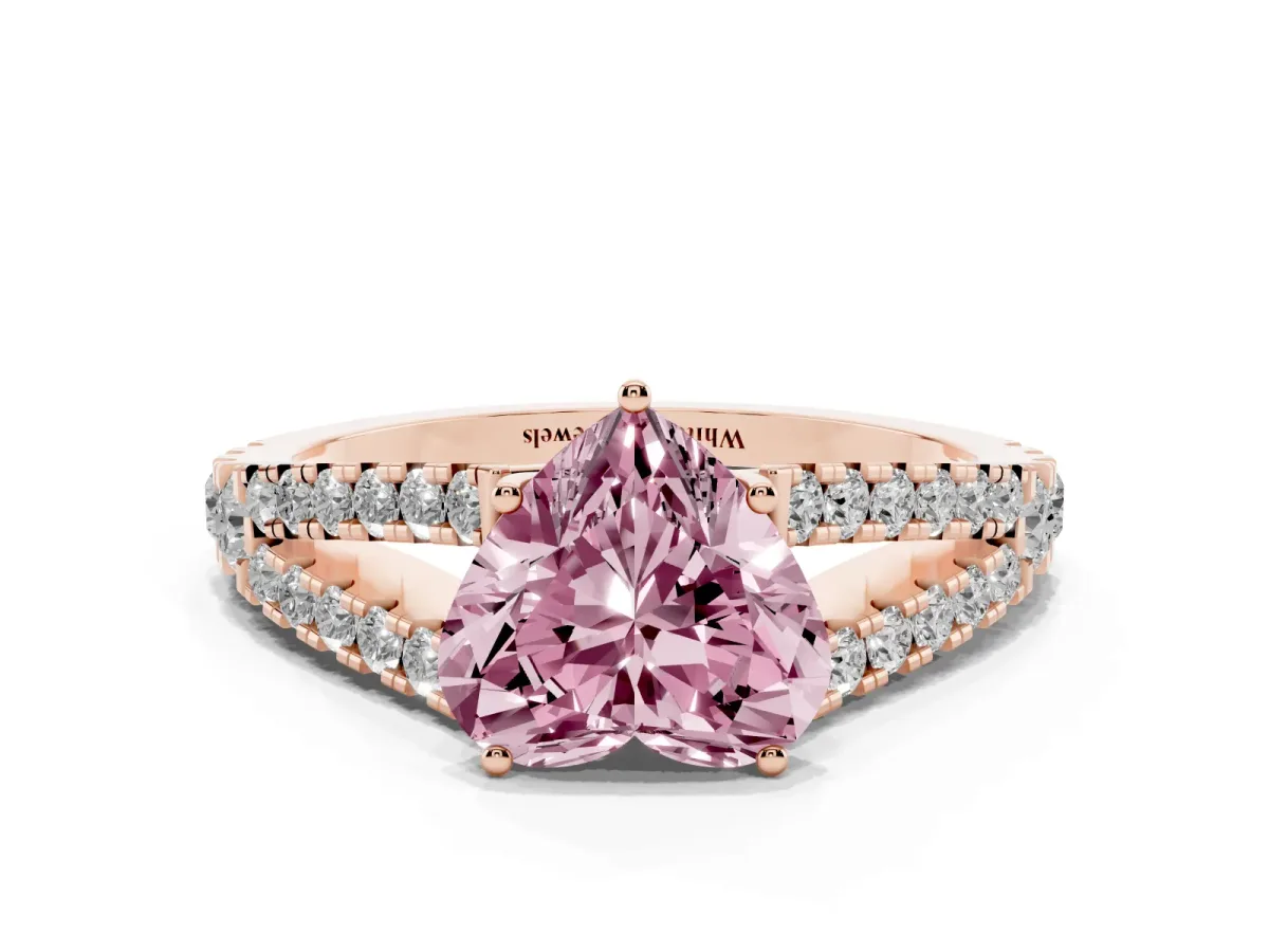 Fancy Pink Heart Cut Diamond Split Shank Engagement Ring with Round Pavé and Prong Setting Rose gold