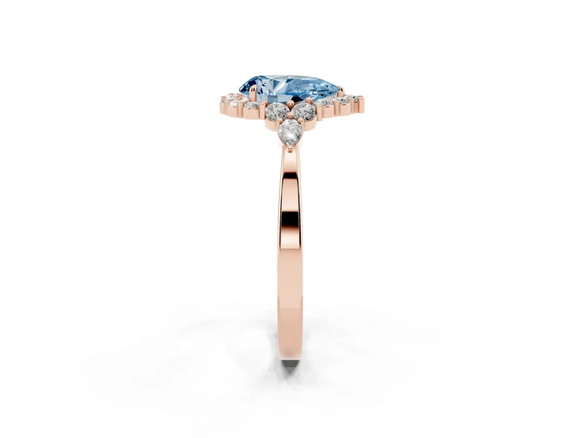Fancy Blue Pear Cut Diamond Halo Ring with Pear Side Stones and Prong Setting Rose gold