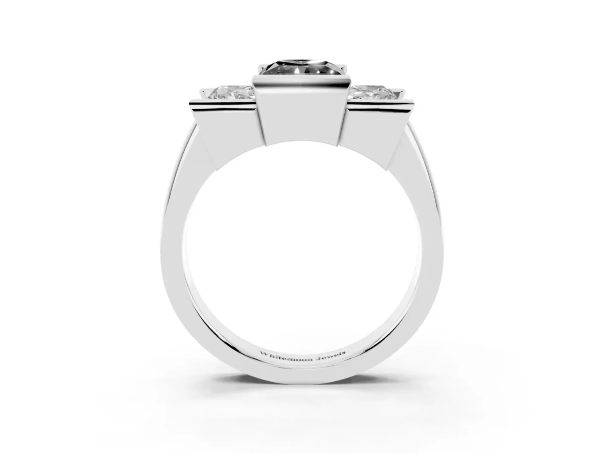 Fancy Black Three Stone Radiant Cut Cut Channel Set Diamond Ring Silver
