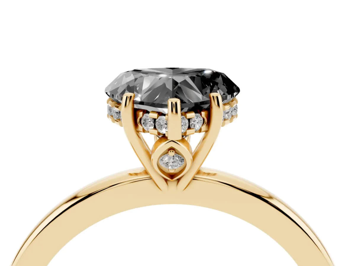 Fancy Black Heart Cut Solitaire Diamond Ring with Prong Setting and Plain Band Yellow gold