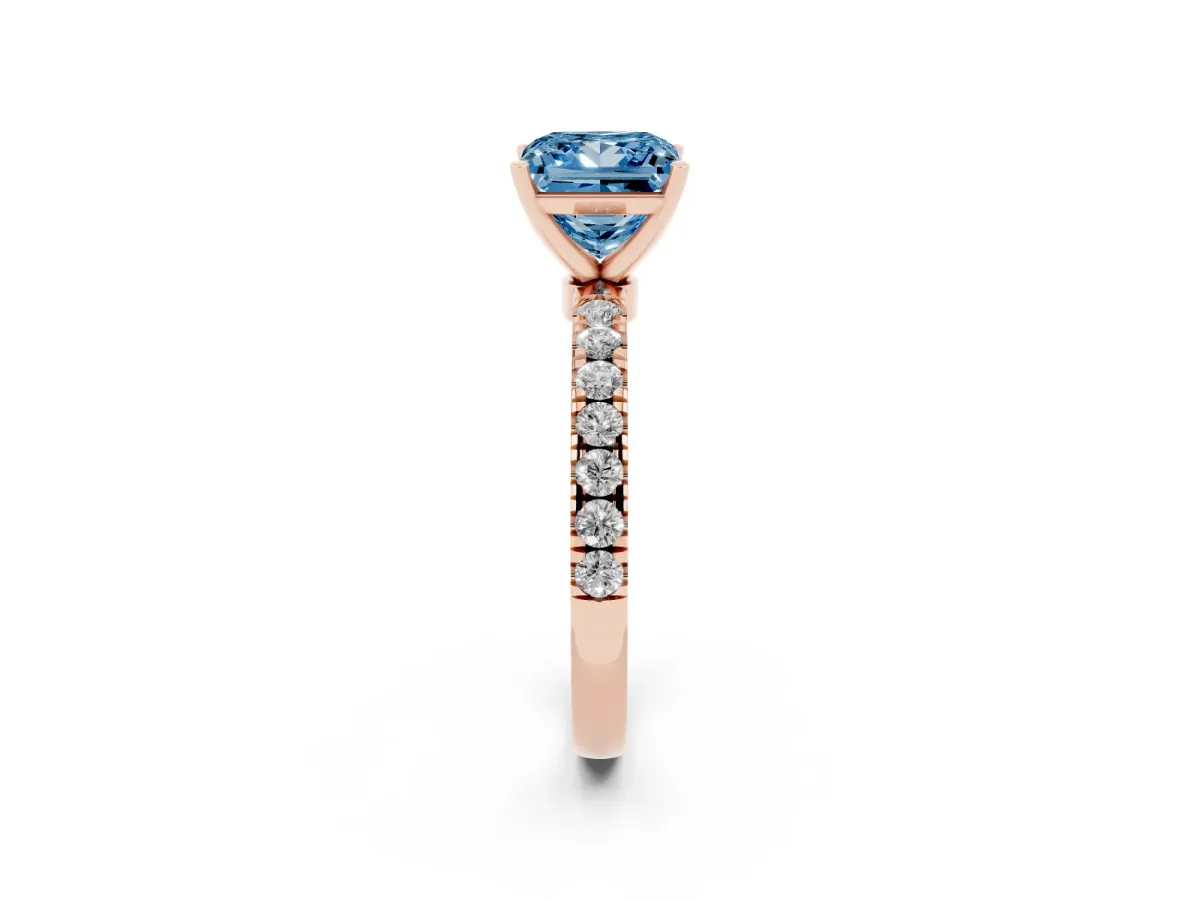 Fancy Blue Princess Cut Diamond Solitaire Ring with Pavé Accents and Four-Prong Setting Rose gold