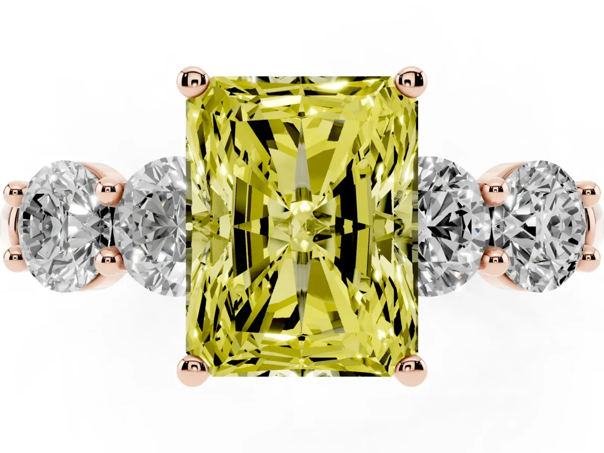 Fancy Yellow Radiant Cut Cut Five-Stone Prong Set Diamond Ring with Classic Band Rose gold