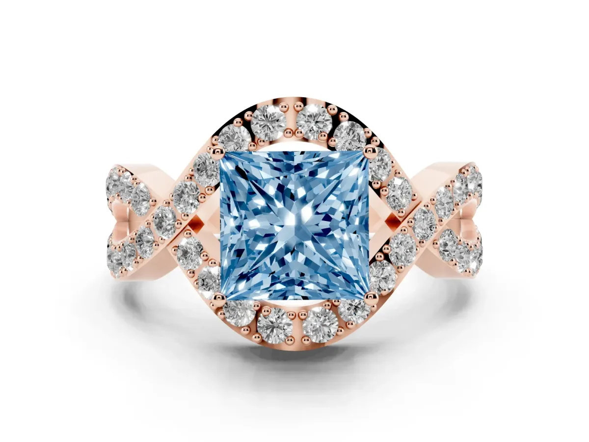 Fancy Blue Princess Cut Solitaire Twist Band Pavé Diamond Engagement Ring Rose gold