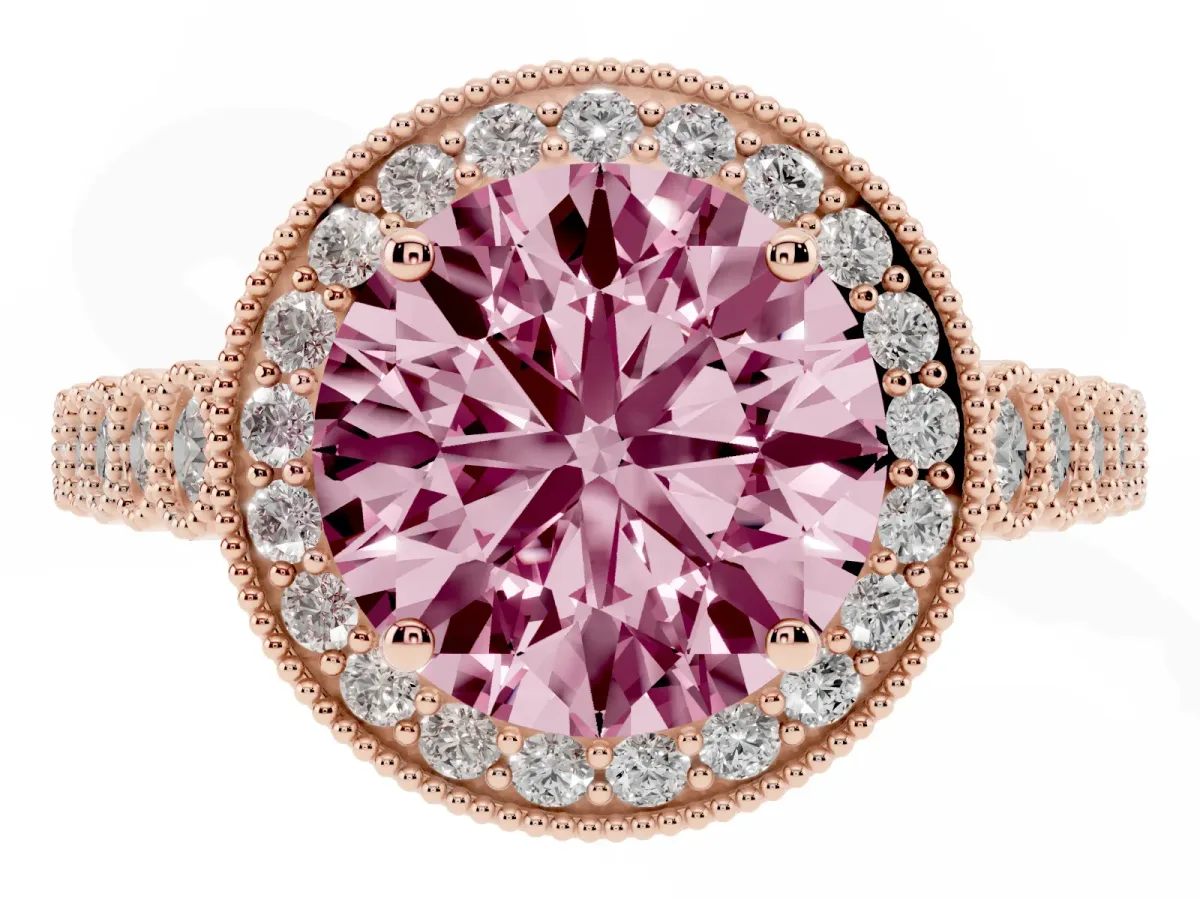 Fancy Pink Round Cut Halo Milgrain Solitaire with Bezel Set Side Stones and Pave Band Rose gold