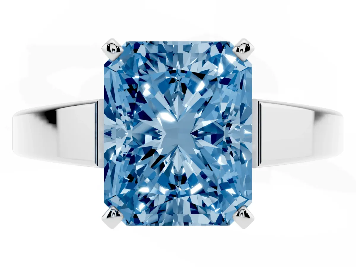 Fancy Blue Radiant Cut Solitaire Engagement Ring with Four-Prong Setting and Tapered Band Silver