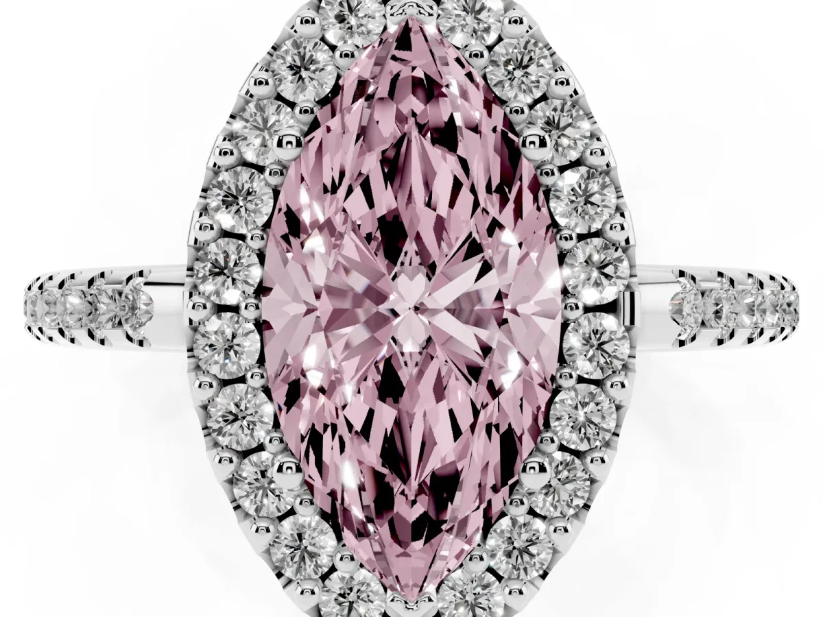 Fancy Pink Marquise Cut Diamond Pavé Halo Ring with Four-Prong Setting Silver