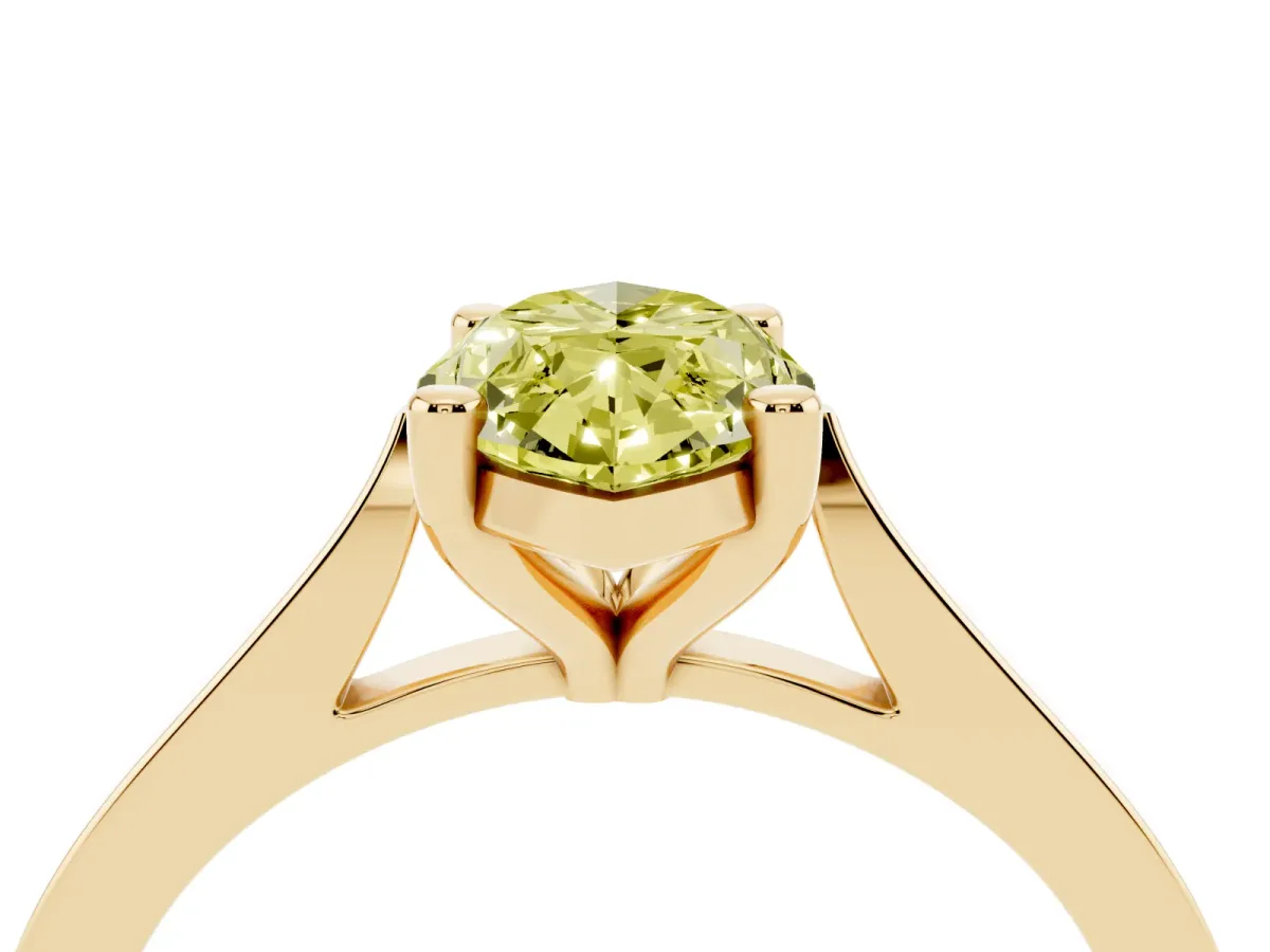 Fancy Yellow Marquise Cut Solitaire Diamond Ring with Four-Prong Setting and Tapered Band Yellow gold