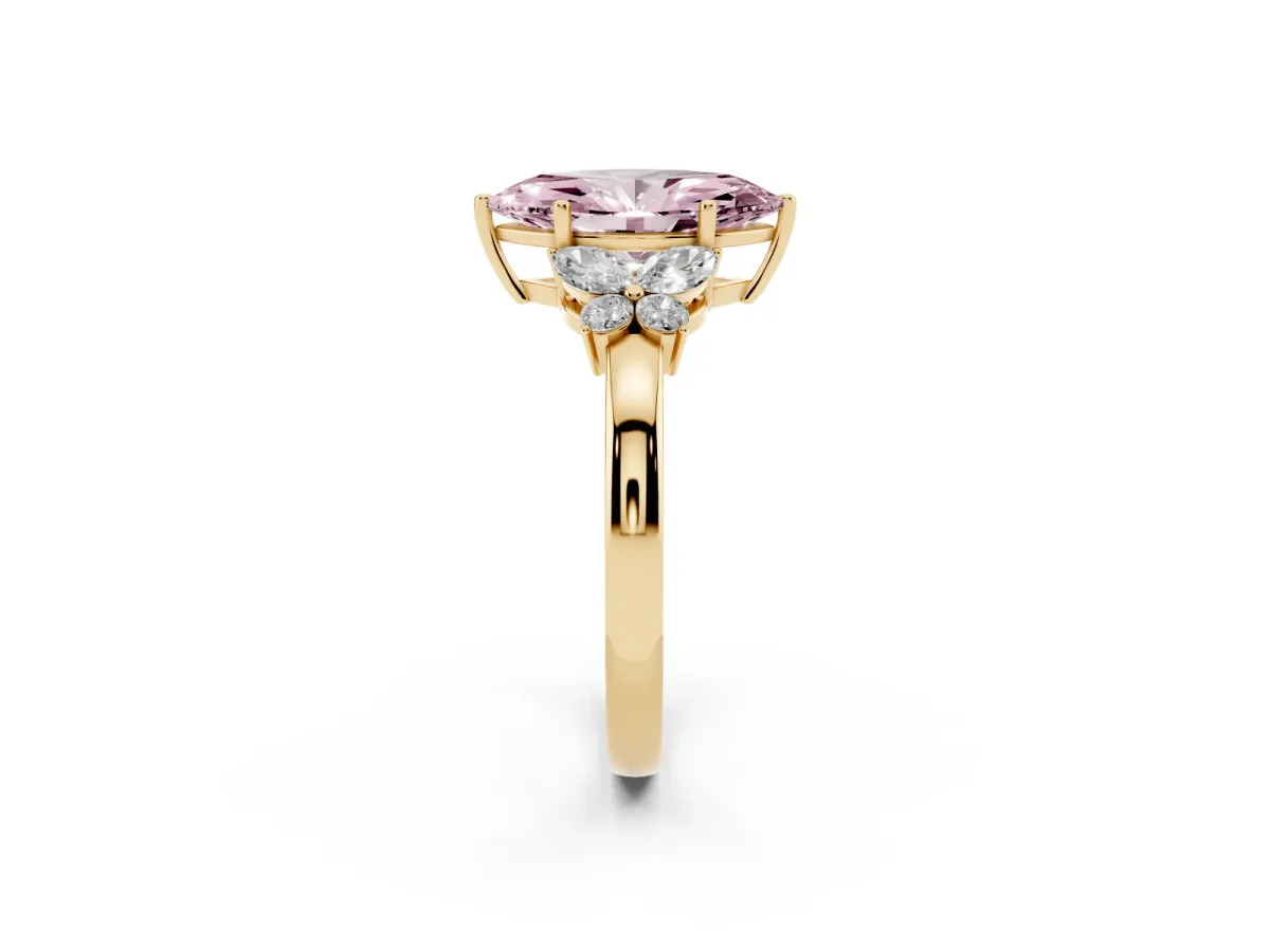 Fancy Pink Marquise Cut Cut Solitaire Floral Diamond Ring with Four-Prong Setting Yellow gold