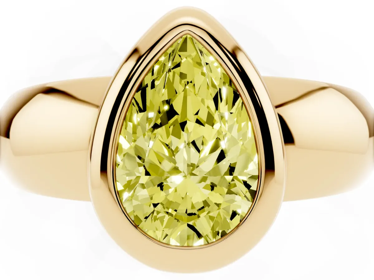 Fancy Yellow Bezel Set Pear Cut Solitaire Ring with Wide Band Yellow gold