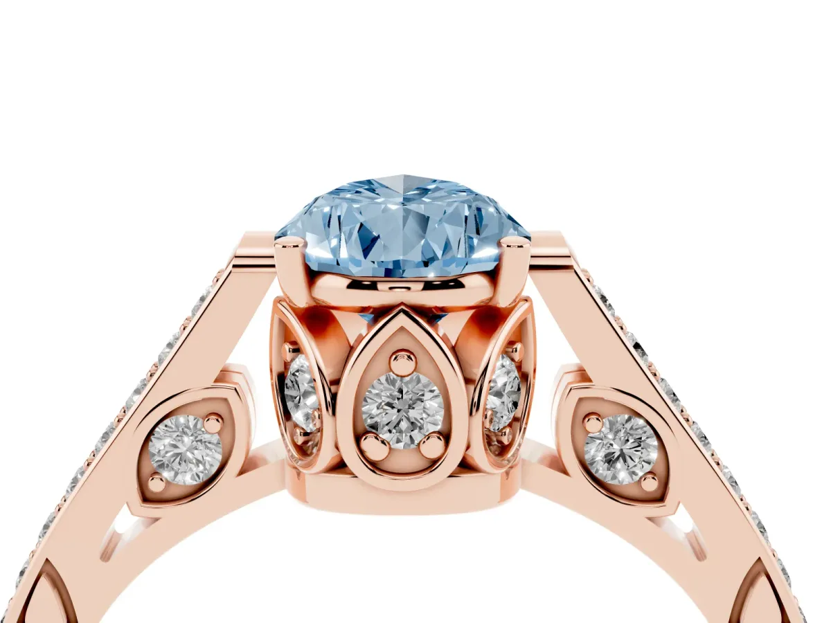 Fancy Blue Pear Cut Cut Cathedral Pave Diamond Engagement Ring with Six-Prong Setting Rose gold