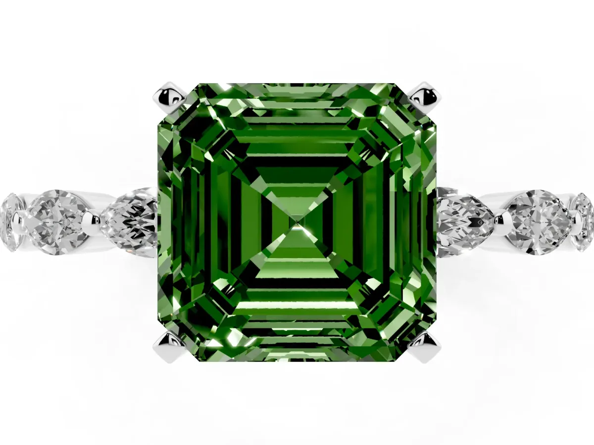 Fancy Green Asscher Cut Diamond Ring with Marquise Side Stones and Prong Setting Silver
