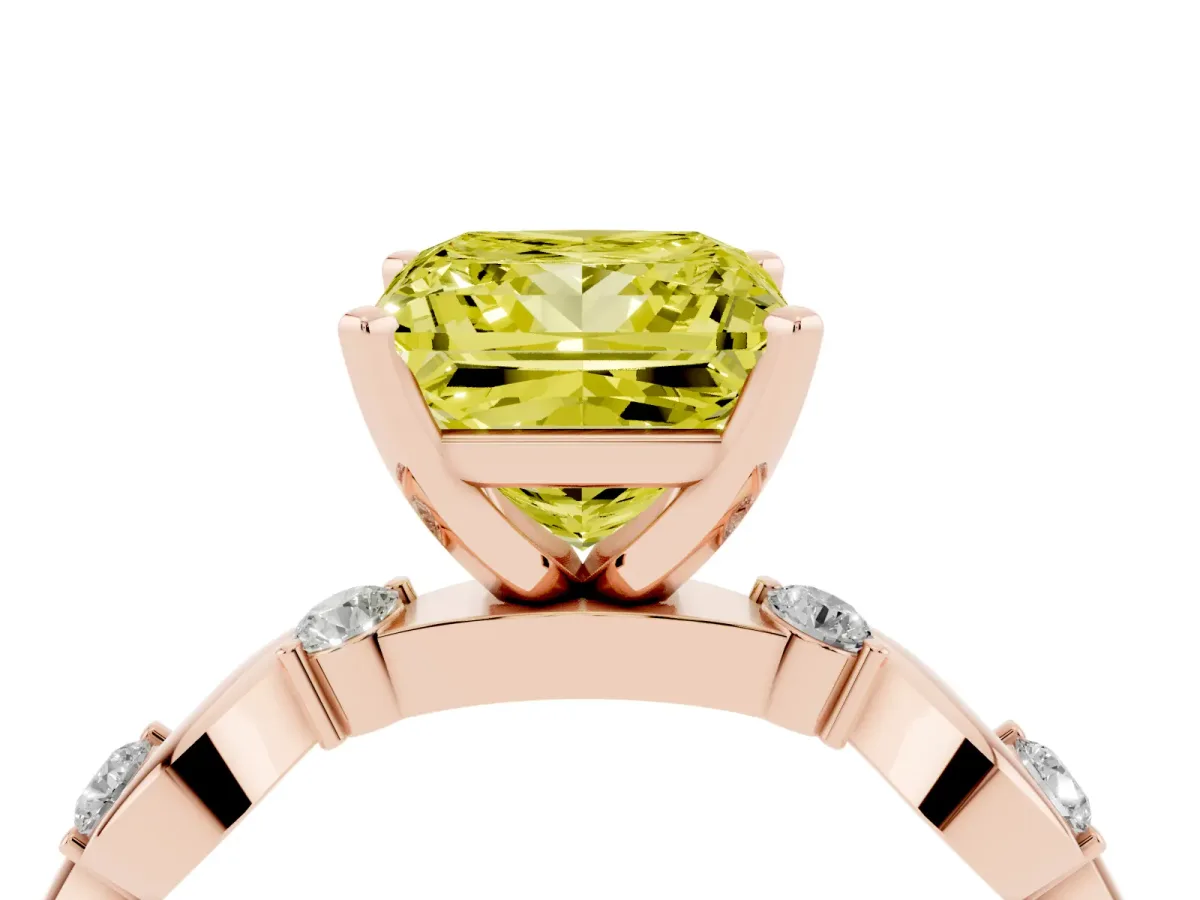 Fancy Yellow Princess Cut Diamond Solitaire Twisted Band with Round Accents and Prong Setting Rose gold