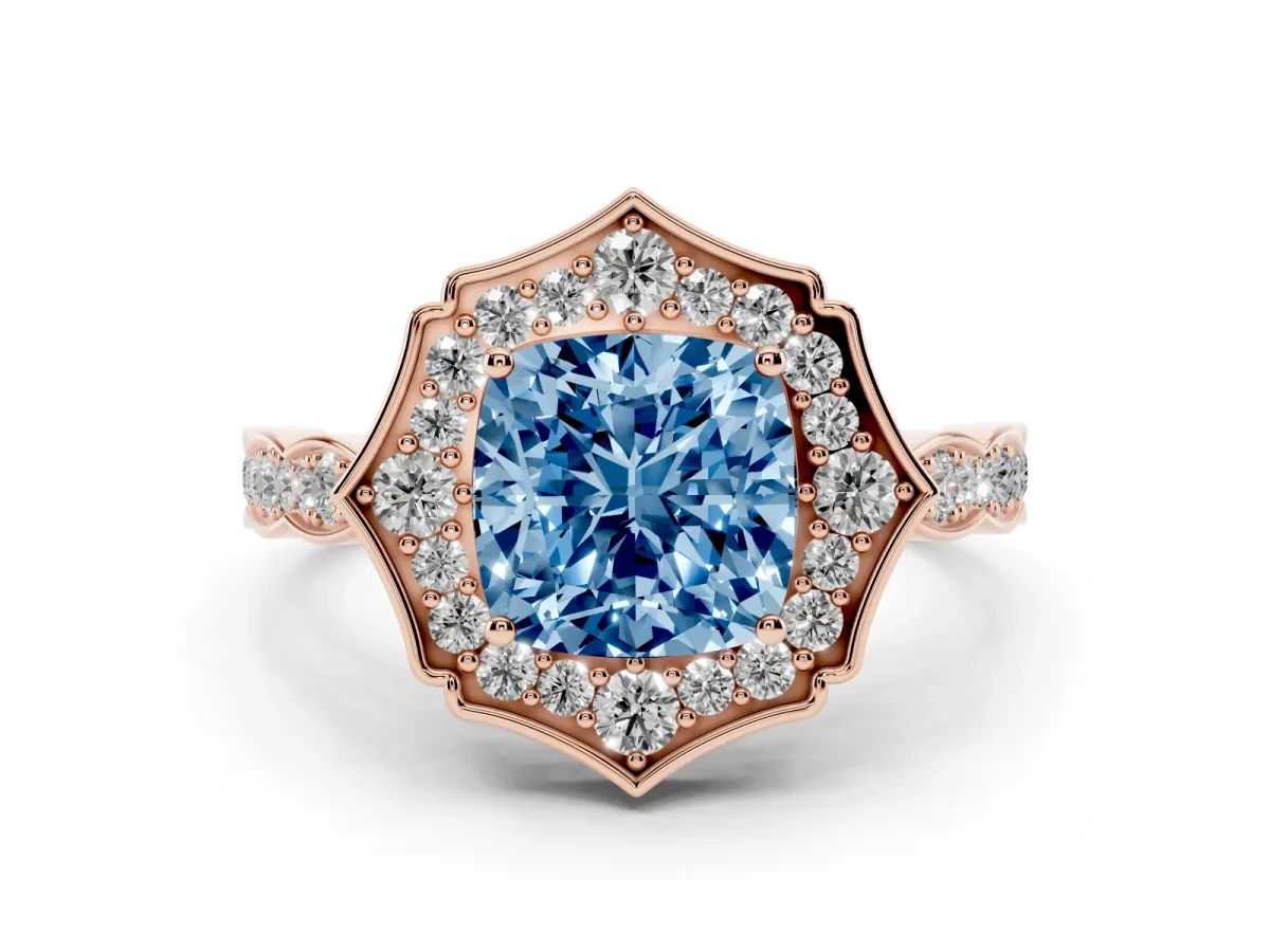Fancy Blue Cushion Cut Halo Diamond Engagement Ring with Milgrain Band and Four-Prong Setting Rose gold
