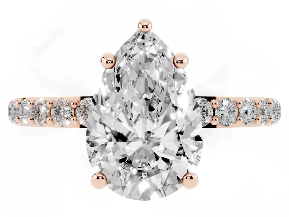 Pear Cut Diamond Solitaire Ring with Round Pavé Band and Prong Setting Rose gold