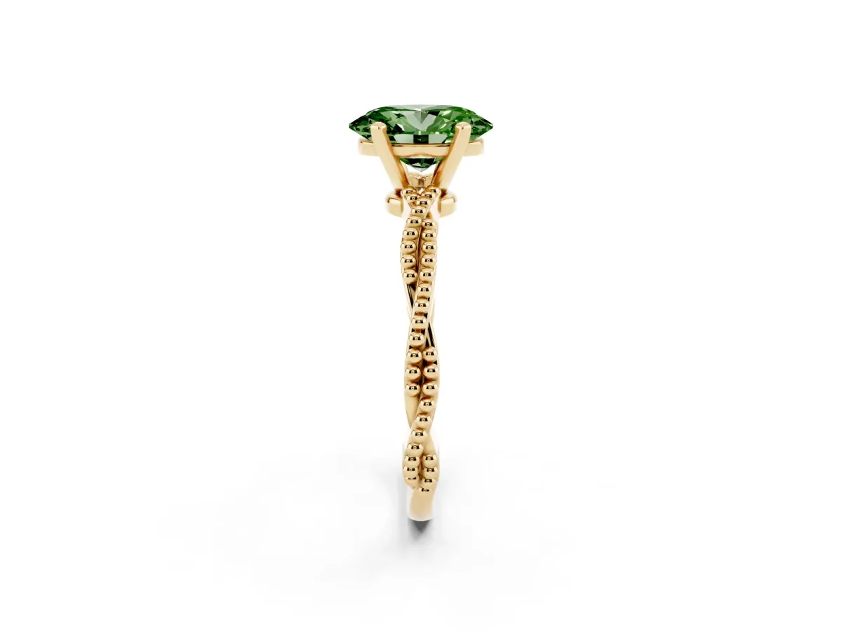 Fancy Green Oval Cut Solitaire Twisted Band with Bead Prong Setting Yellow gold