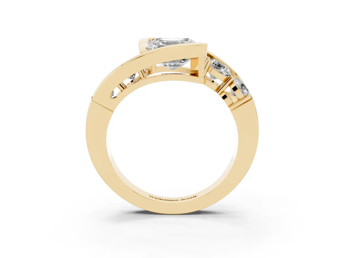 Bezel Set Asscher Cut Diamond Bypass Ring with Round Accents Yellow gold